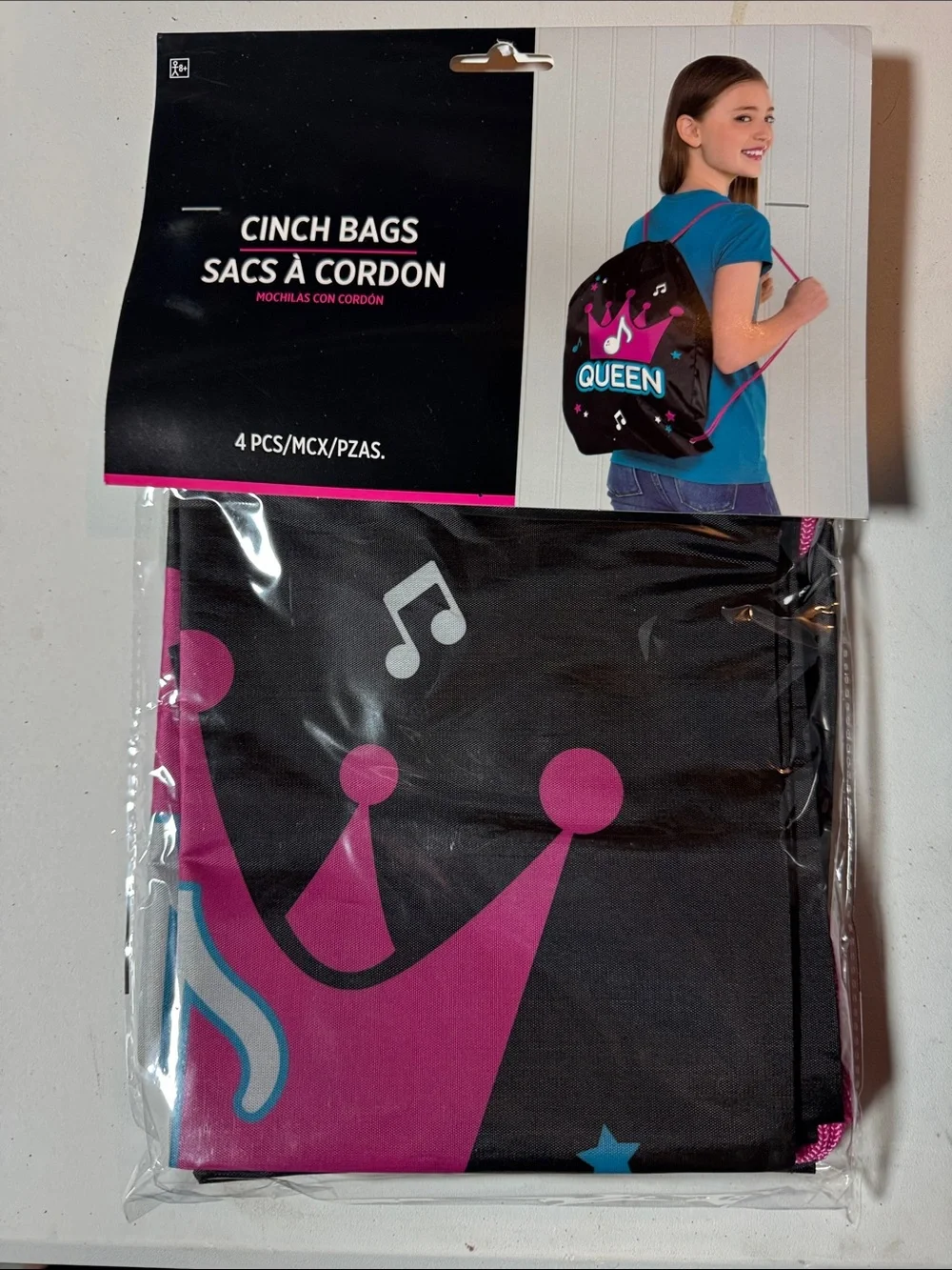 Party City Black and Pink Music Crown Cinch Bags - Pack